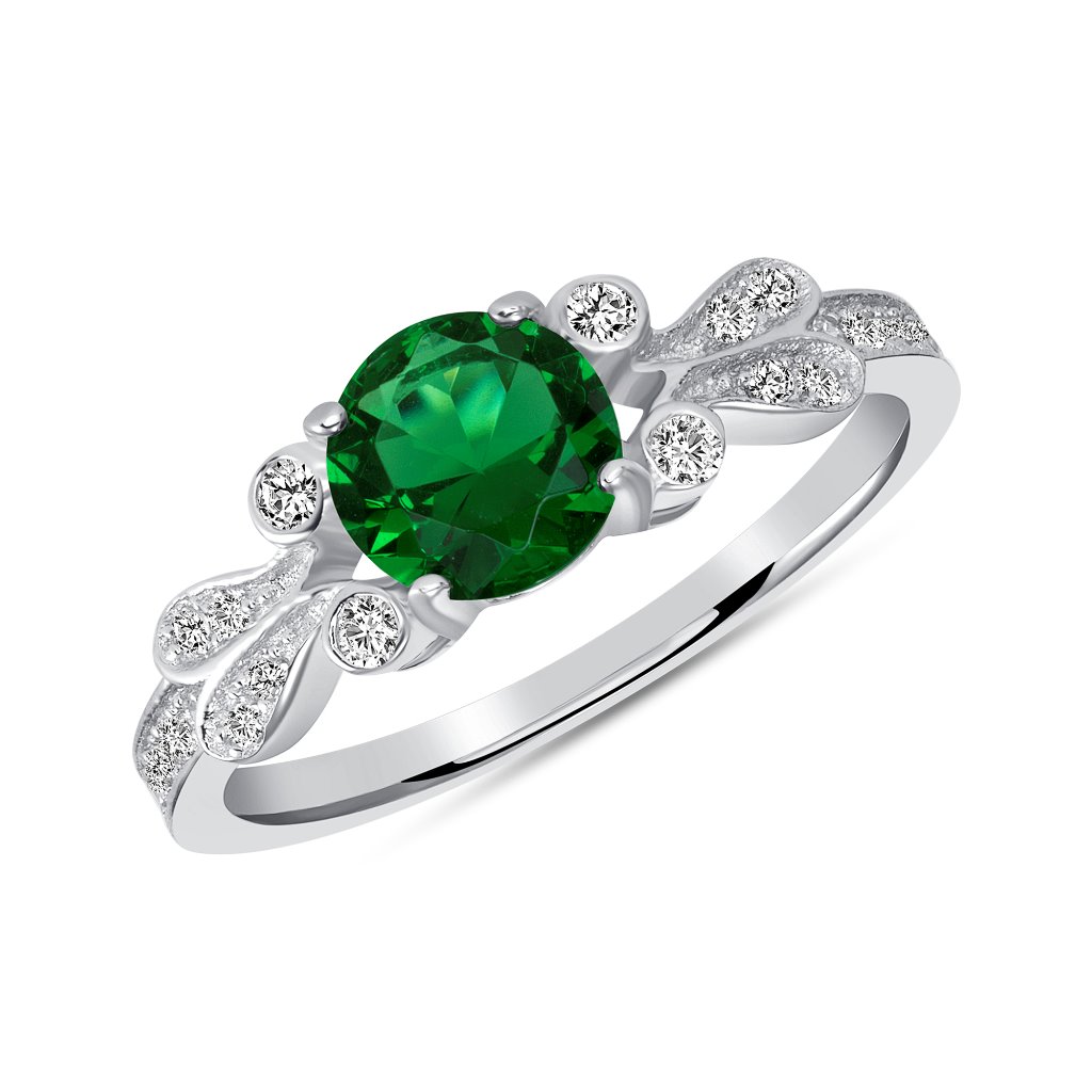 Silver 925 Rhodium Plated Round Green Emerald Cubic Zirconia Solitaire Ring 66$